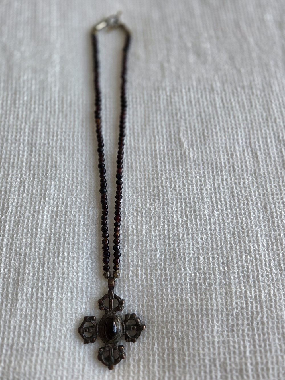 Vintage-Inspired Brown Bead Necklace with Cross Pendant